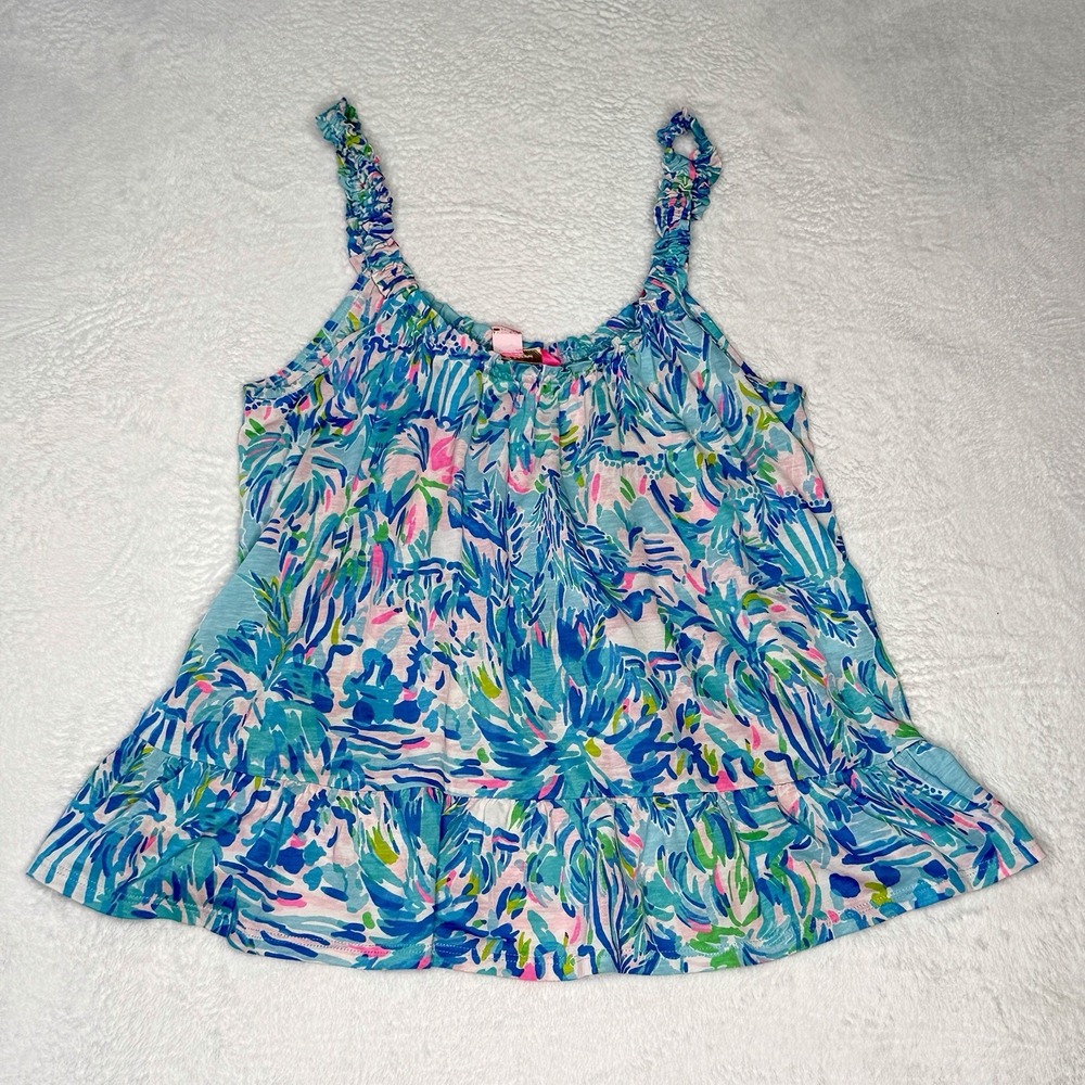Lilly Pulitzer Loro Swing Top S Blue Ibiza Cabana Cocktail Pima Cotton Ruffle